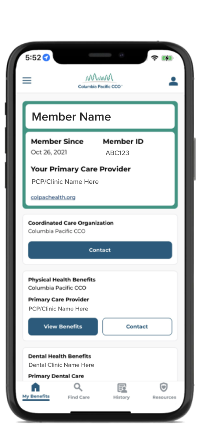A smart phone with the MyCareOregon mobile app, displaying a Columbia Pacific CCO member ID card.