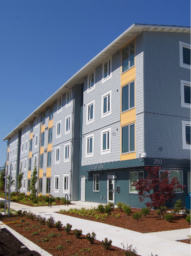 Four-level affordable apartment building (called Trillium House) in Clatsop County, Oregon.